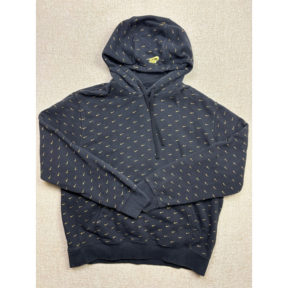 Nike Mens Hoodie Black Gold All Over Mini Swoosh Print Pullover Fleece Large